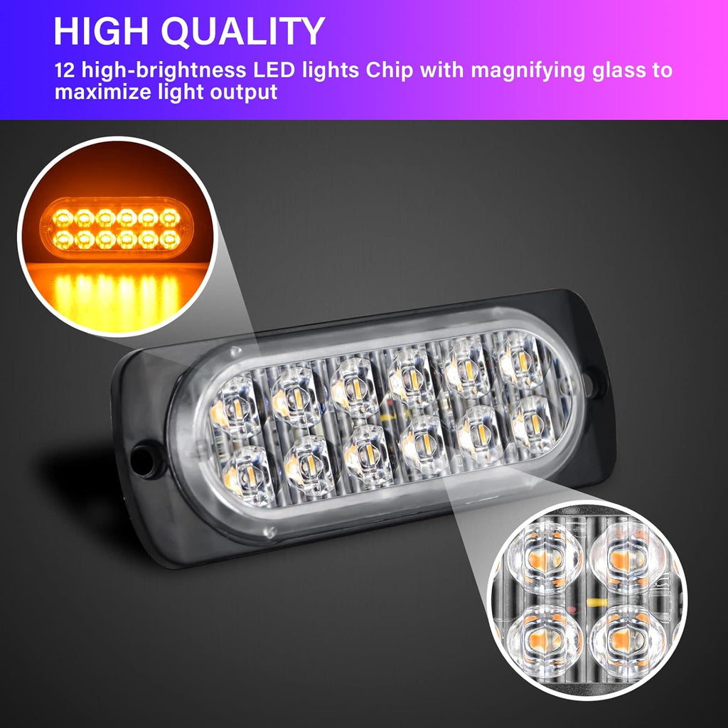 PICAA 2X Ámbar 12 LED Luces Estroboscópicas De Emergencia, 12V-24V LED Flash Lámparas De Faro De Advertencia De Peligro Para Coche Vehículo Camión Remolque Caravana