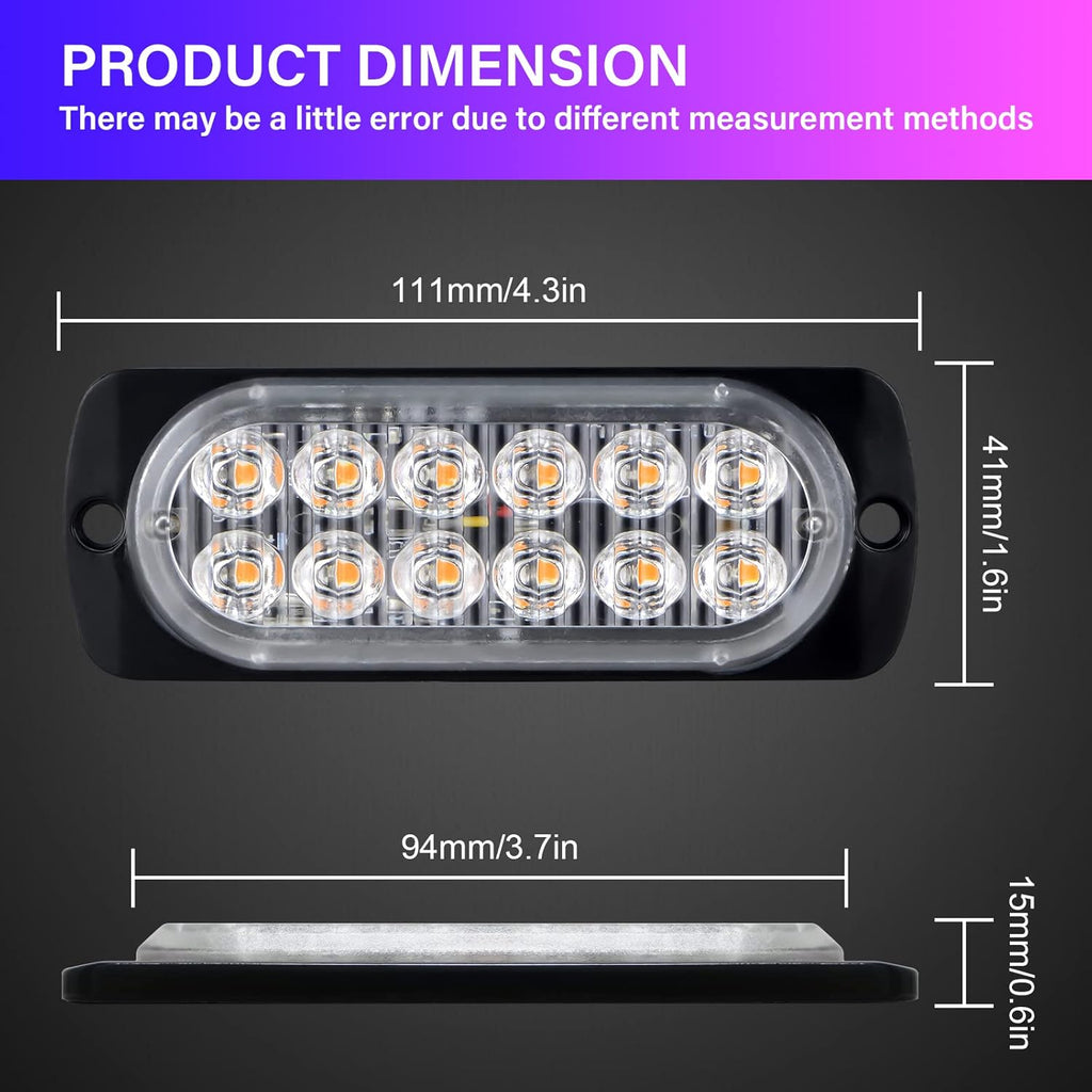 PICAA 2X Ámbar 12 LED Luces Estroboscópicas De Emergencia, 12V-24V LED Flash Lámparas De Faro De Advertencia De Peligro Para Coche Vehículo Camión Remolque Caravana