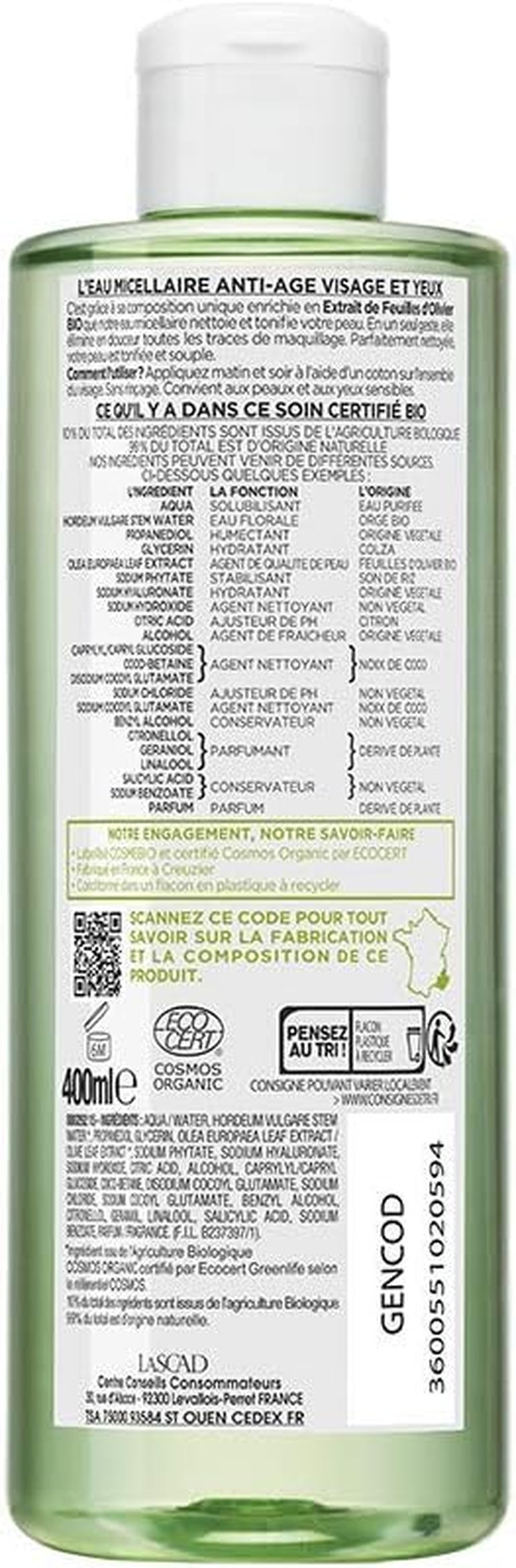La Provençale Bio Micellaire Anti-Age Visage/Yeux Certifié Bio Huile D'Olive Bio AOC Provence Fabriqué En France Pour Tous Types De Peaux 400 Ml
